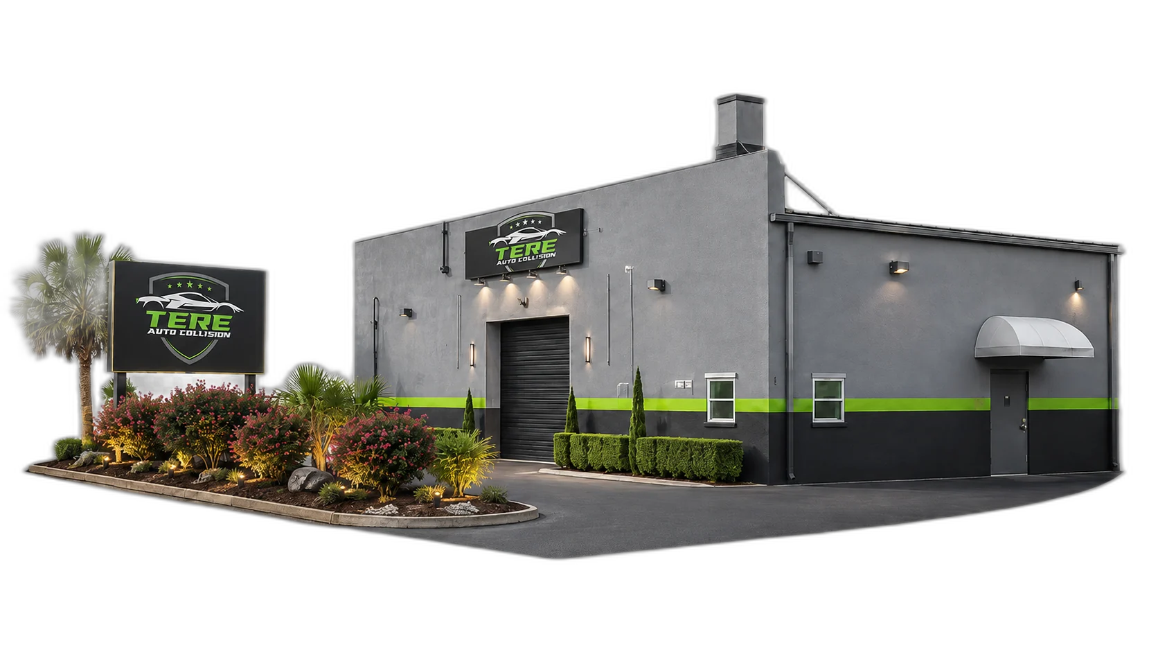 Tere Auto Collision's shop in Pompano Beach, the lime-green TERE sign lit at the entrance